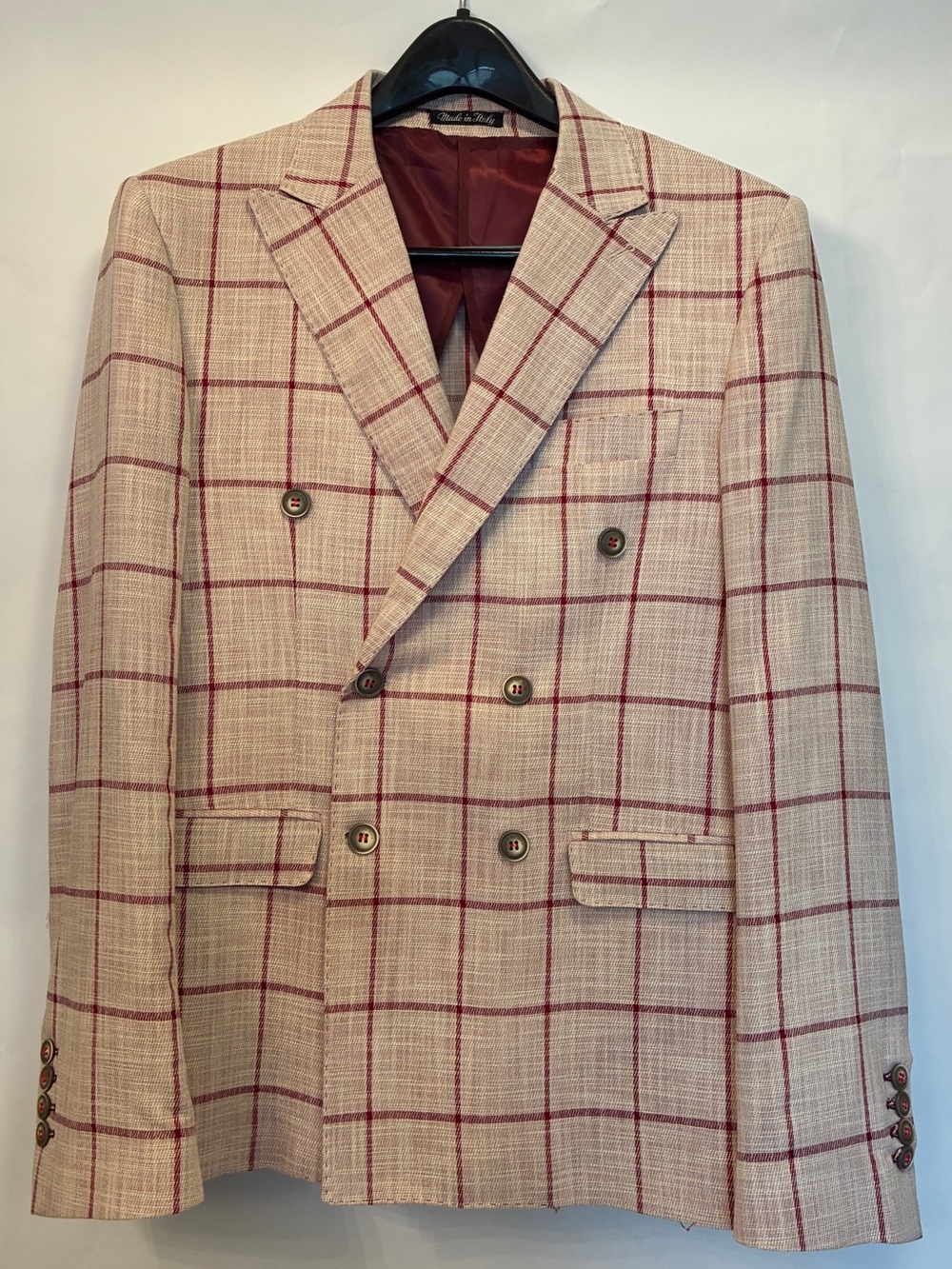Eredi Del Duca Blazer Sport Coat Jacket Men’s Beige and Burgundy Plaid Italy